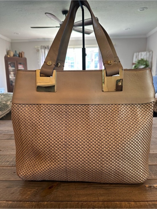 Ellen Tracy Handbags - Ellen Tracy Woven Light Gold Leather Large Tote